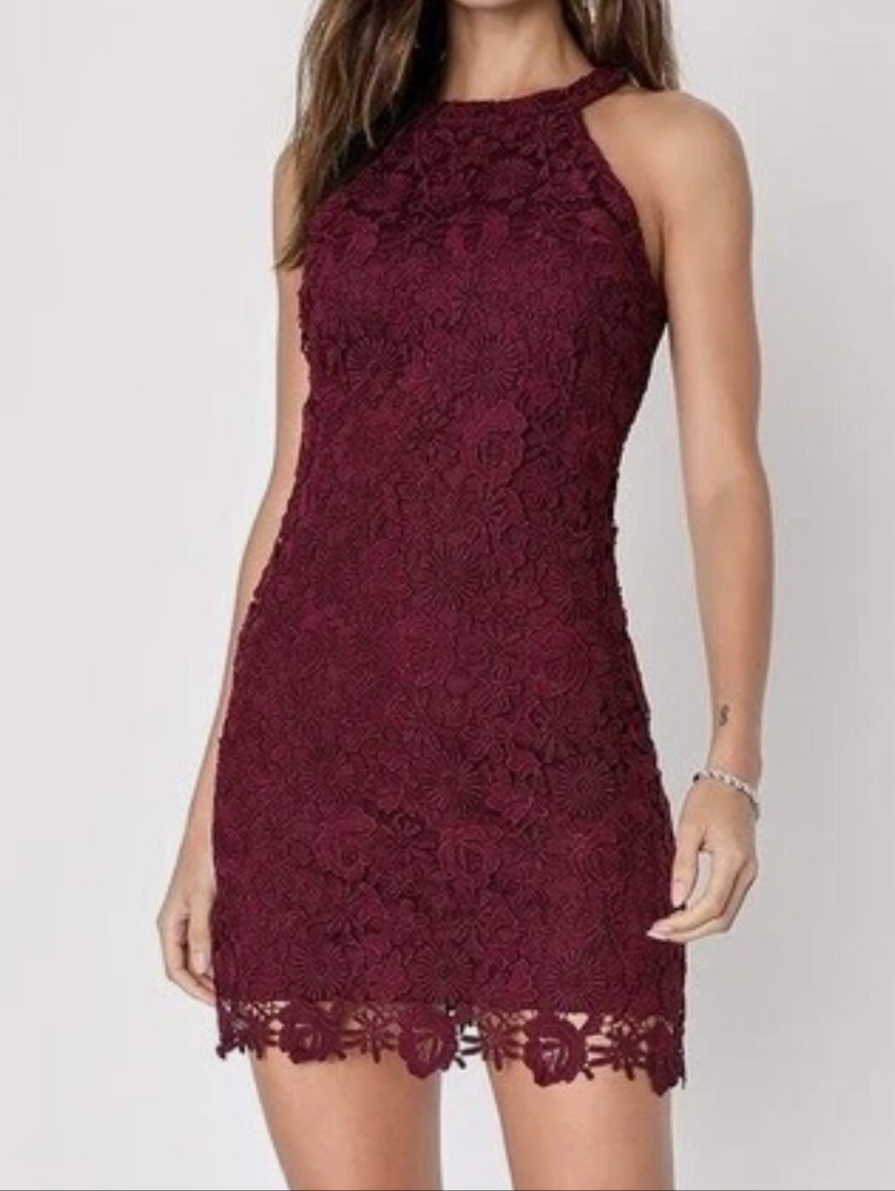 Lulu's Burgundy Floral Lace Halter Mini Dress